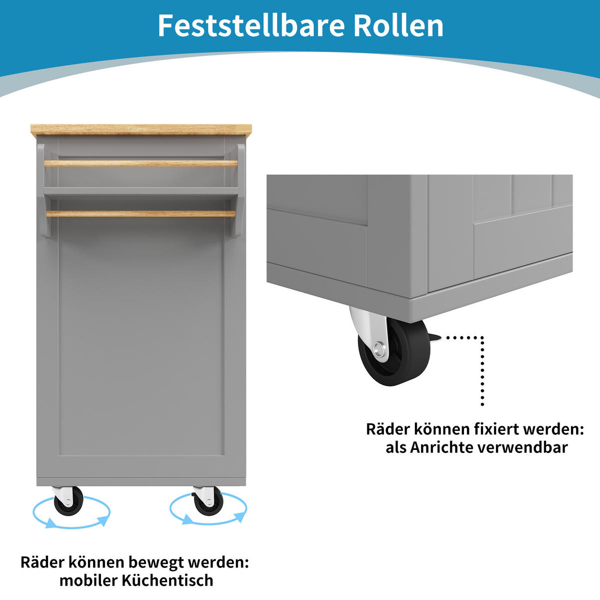 KÜCHENINSEL 102/45/92 cm aus MDF und Metall mit verstellbarem Stauraum und Rollen Grau - Grau, Holzwerkstoff (102/92/45cm) - Modenvie