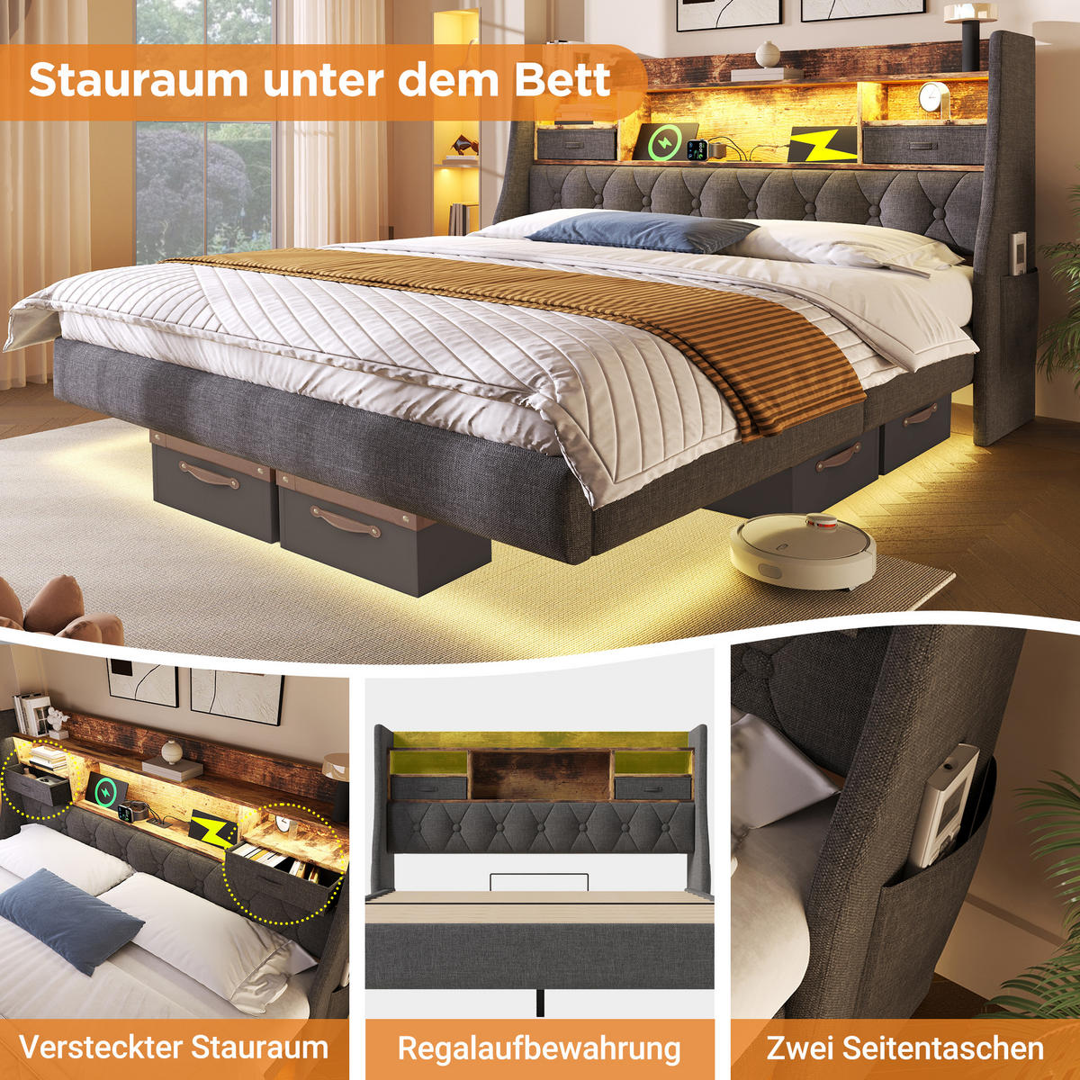 POLSTERBETT 160/200 cm mit LED-Beleuchtung, USB- und Type-C-Anschluss, Stauraum-Kopfteil aus Leinen, Grau - Grau, Textil (160/200cm) - Redom