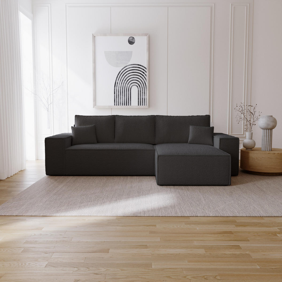 ECKSOFA Bouclé 280 cm Bergamo L mit Bettkasten, Schlaffunktion, Rechts - Schwarz - Schwarz, Holz (189/277cm) - Emporius