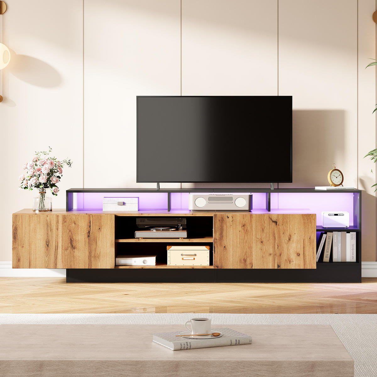 TV-LOWBOARD aus Spanplatte 190x40x48,5 cm Eichefarben/Schwarz mit LED-Beleuchtung und Stauraum für TV bis 70 Zoll - Schwarz, Holzwerkstoff (190/48.5/40cm) - IVMEU