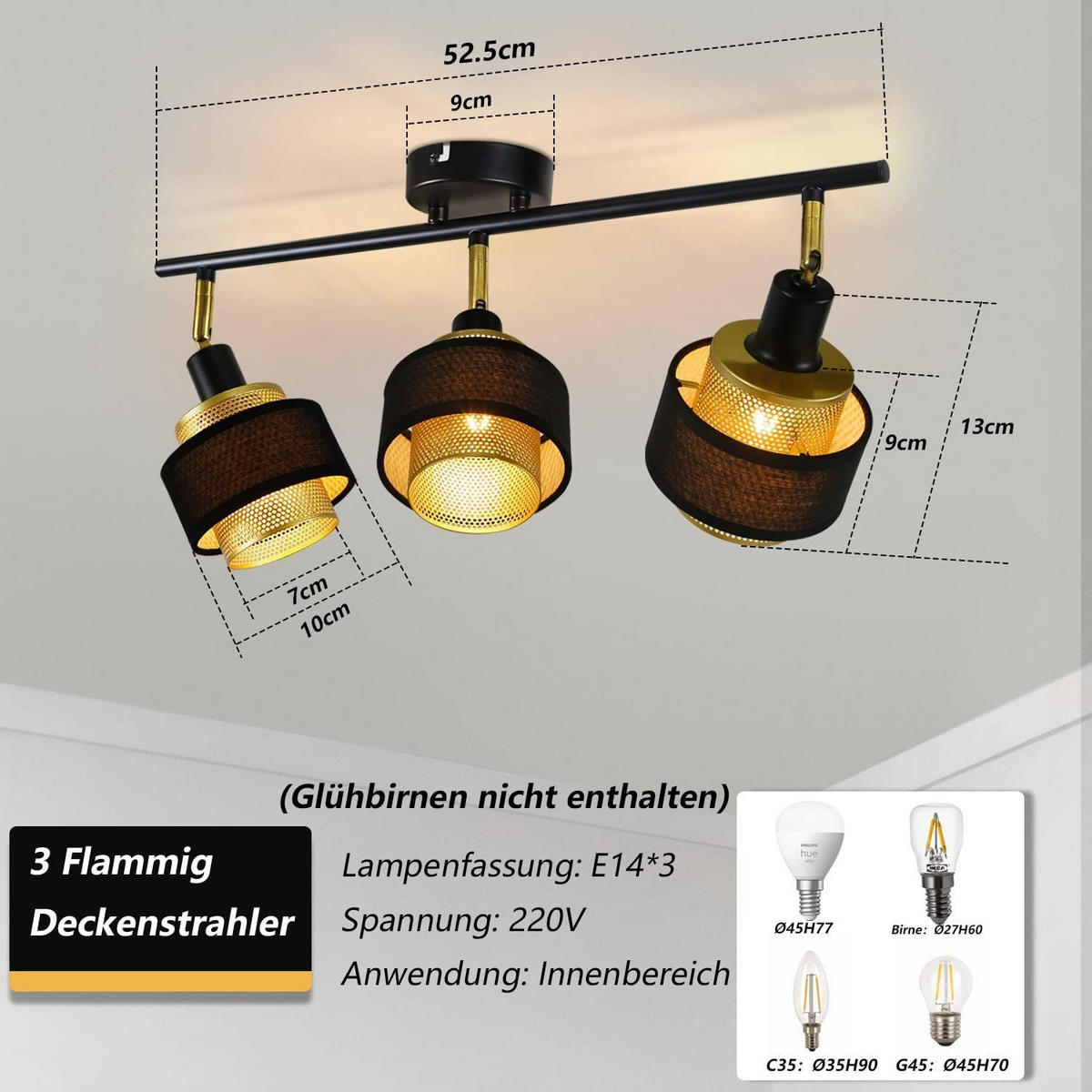 DECKENSTRAHLER Minato 53.5/17/12cm - Schwarz, Metall (53.5/17/12cm) - ZMH