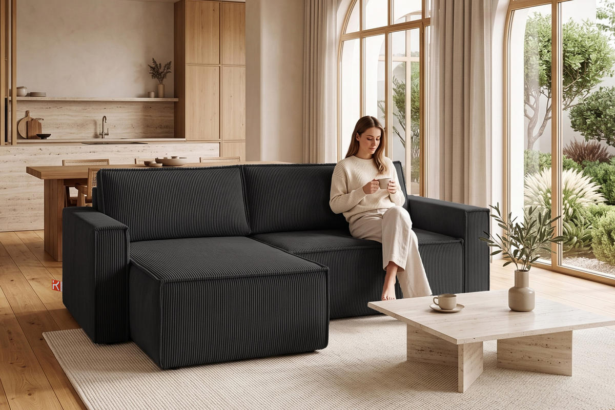 ECKSOFA-LINKS/RECHTS NAPI Schlaffunktion mit Cordbezug, dunkelgrau - Dunkelgrau/Schwarz, Textil (246/148cm) - KONSIMO®