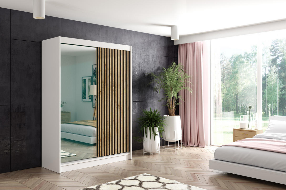 KLEIDERSCHRANK VILAN mit Spiegel/LED - 150 cm - Weiß|Eiche Wotan - Eiche Wotan/Weiß, Holzwerkstoff (150/215/61cm) - ALTDECOR