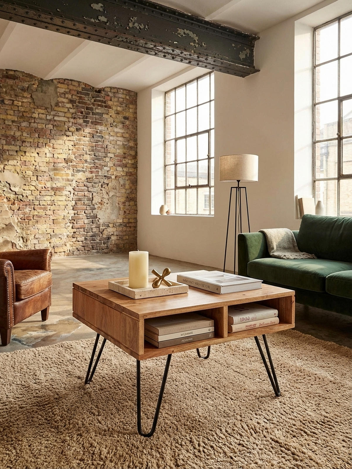 COUCHTISCH aus massivem Akazienholz mit Metallgestell und Stauraum im modernen Design - Beige/Schwarz, Holz/Metall (60/60/40cm) - KADIMA DESIGN