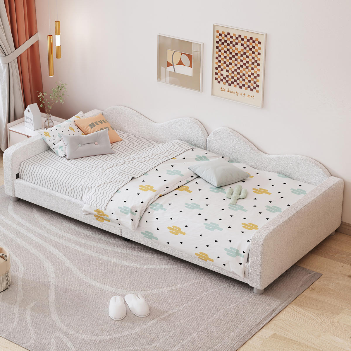 KINDERBETT 90/200 cm mit Rückenlehne und Armlehnen, Teddystoff-Polsterbett als Schlafsofa, Weiß - Weiß, Textil (90/200cm) - Redom