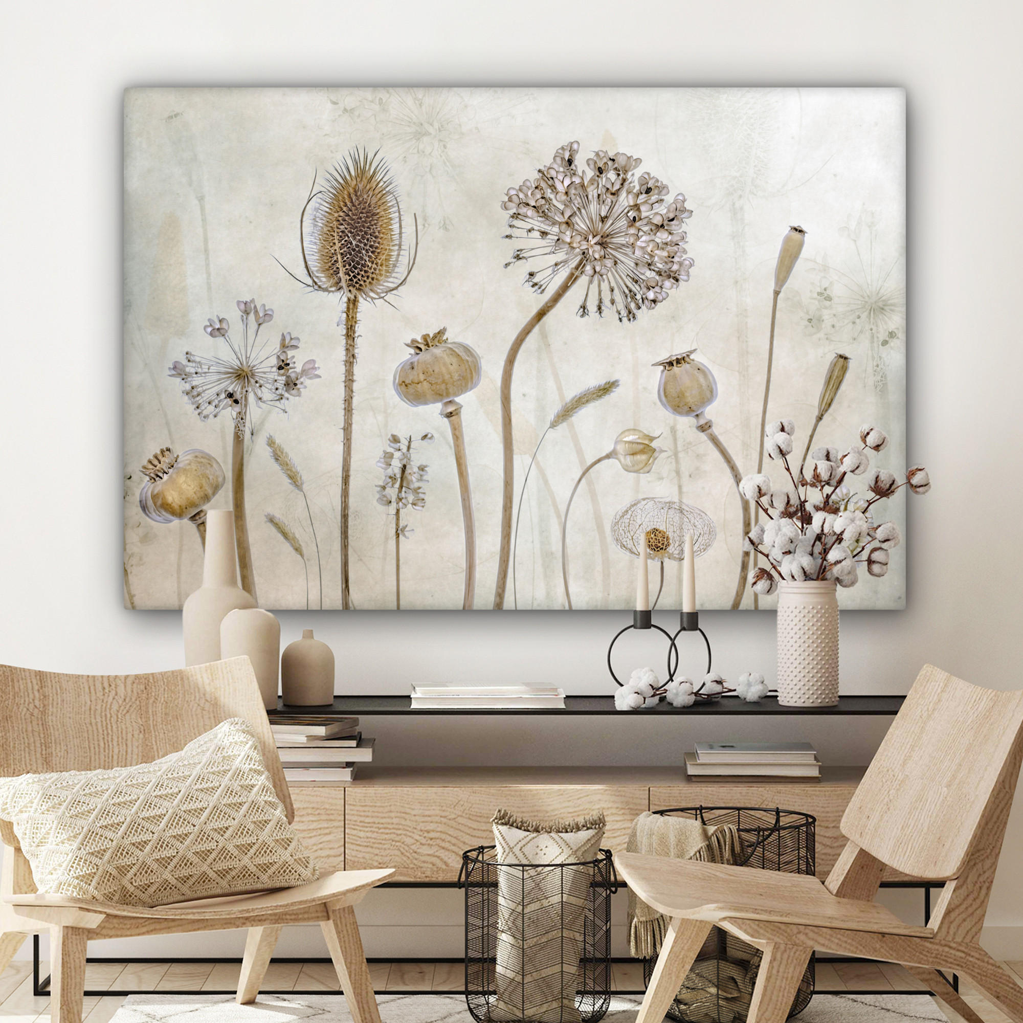 LEINWANDBILD Blumen - Aquarell - Stilleben - Braun - Vintage Groß 140x90 cm - Beige, Textil (140/90cm) - MuchoWow