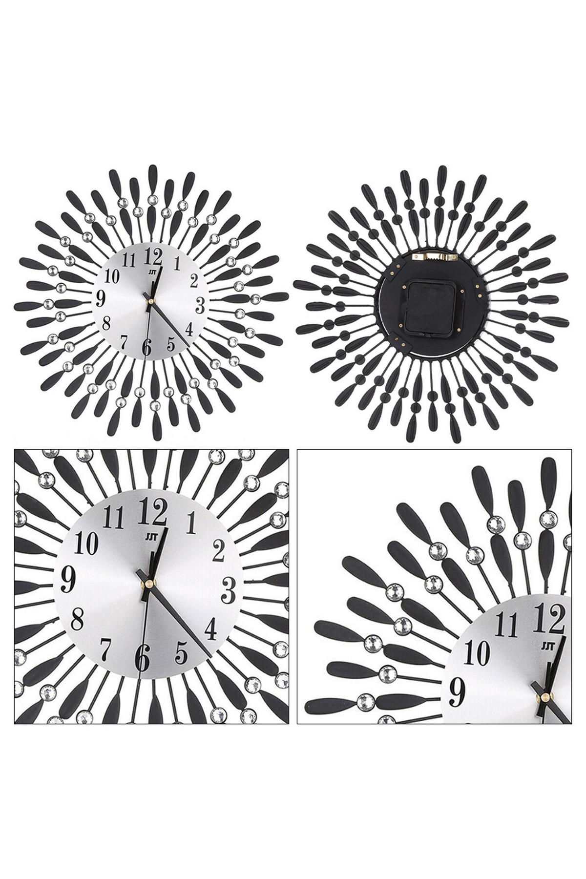 WANDUHR aus Aluminium Eisen in Schwarz Rund Europäische blumenförmig Gut lesbares Zifferblatt 37,5 x 37,5 cm - Schwarz, Metall (37.5/1/37.5cm) - Livingandhome
