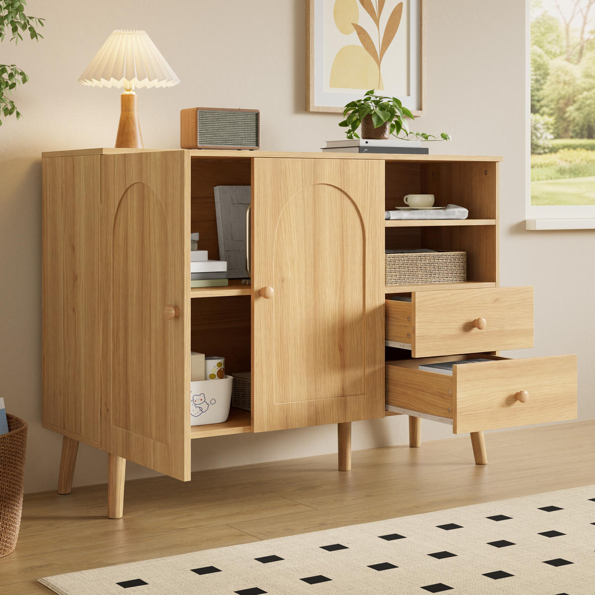 SIDEBOARD Gewölbte Türen Holzfüße 2 Schubladen 2 Fächer Modern - Naturfarben, Holzwerkstoff (118/82/35cm) - FLIEKS