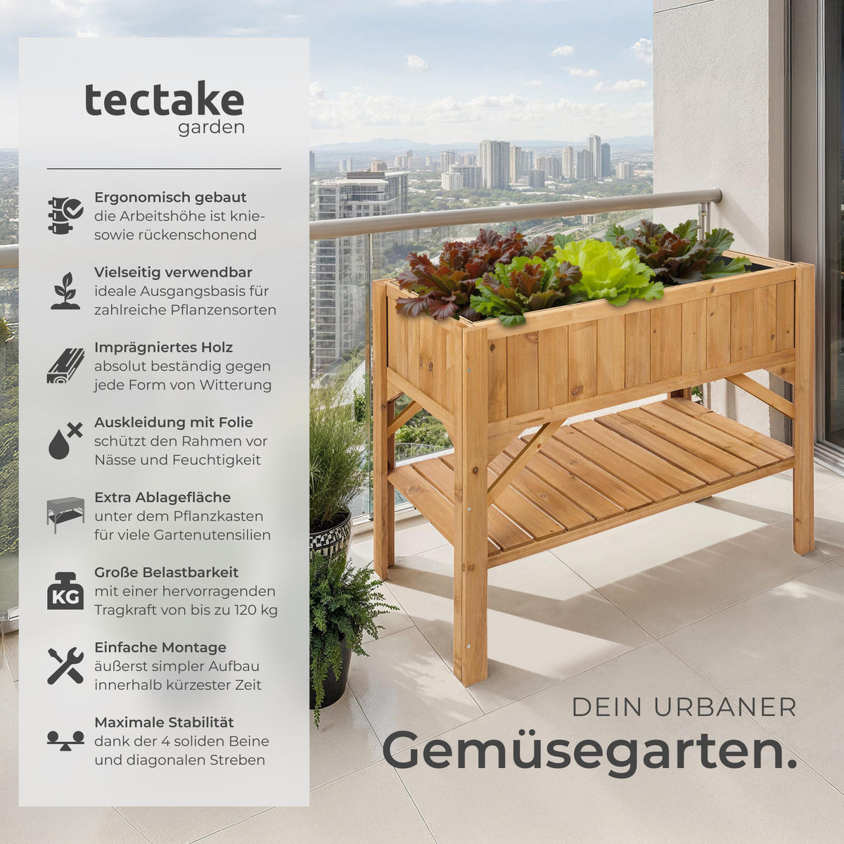 HOCHBEET ,119 x 57 x 90 cm,braun - Braun, Holz (53/90/119cm) - tectake