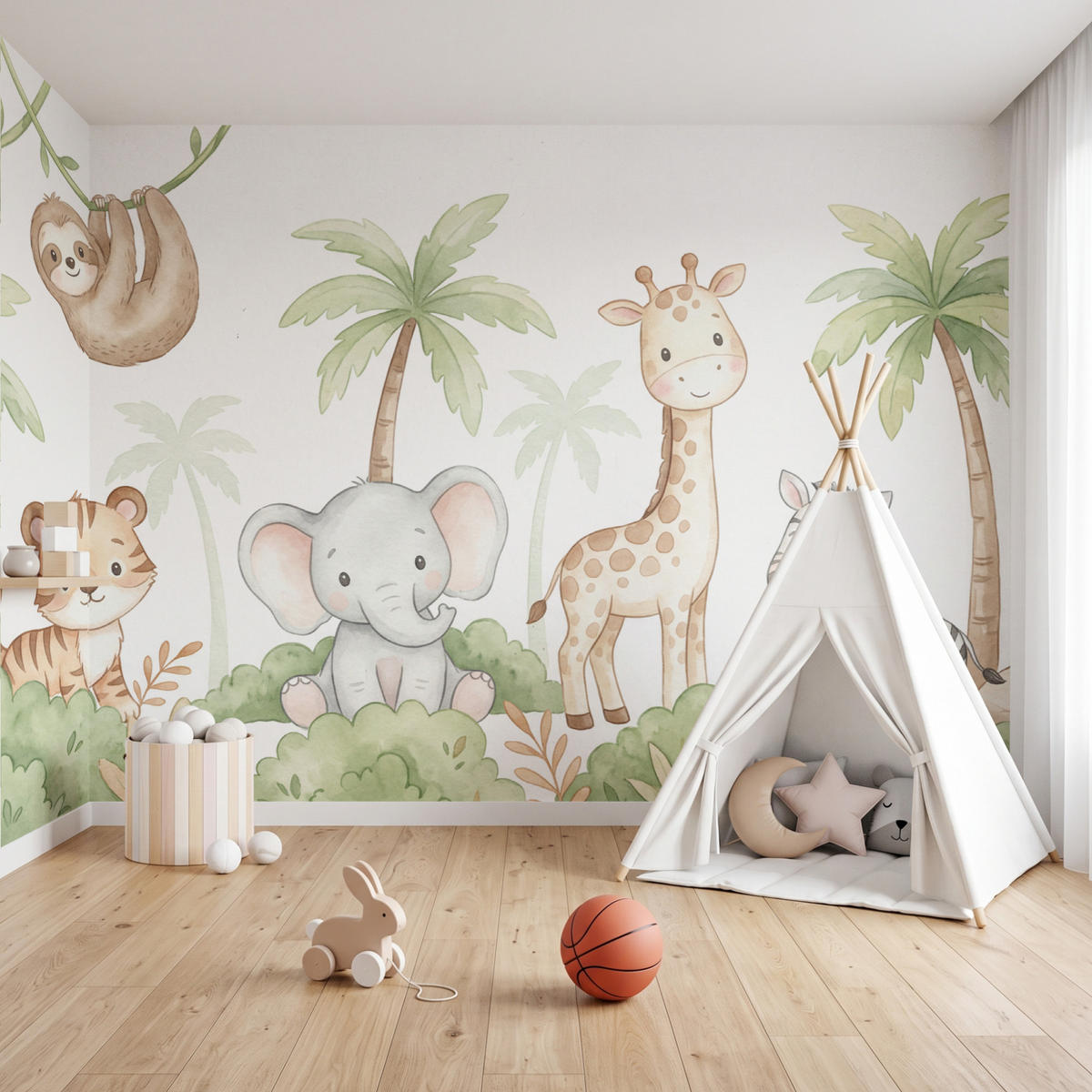 KINDERTAPETE - Tiere - Dschungel - Pastell - 450x300 cm - Weiß, Papier (450/300cm) - OnlyWow