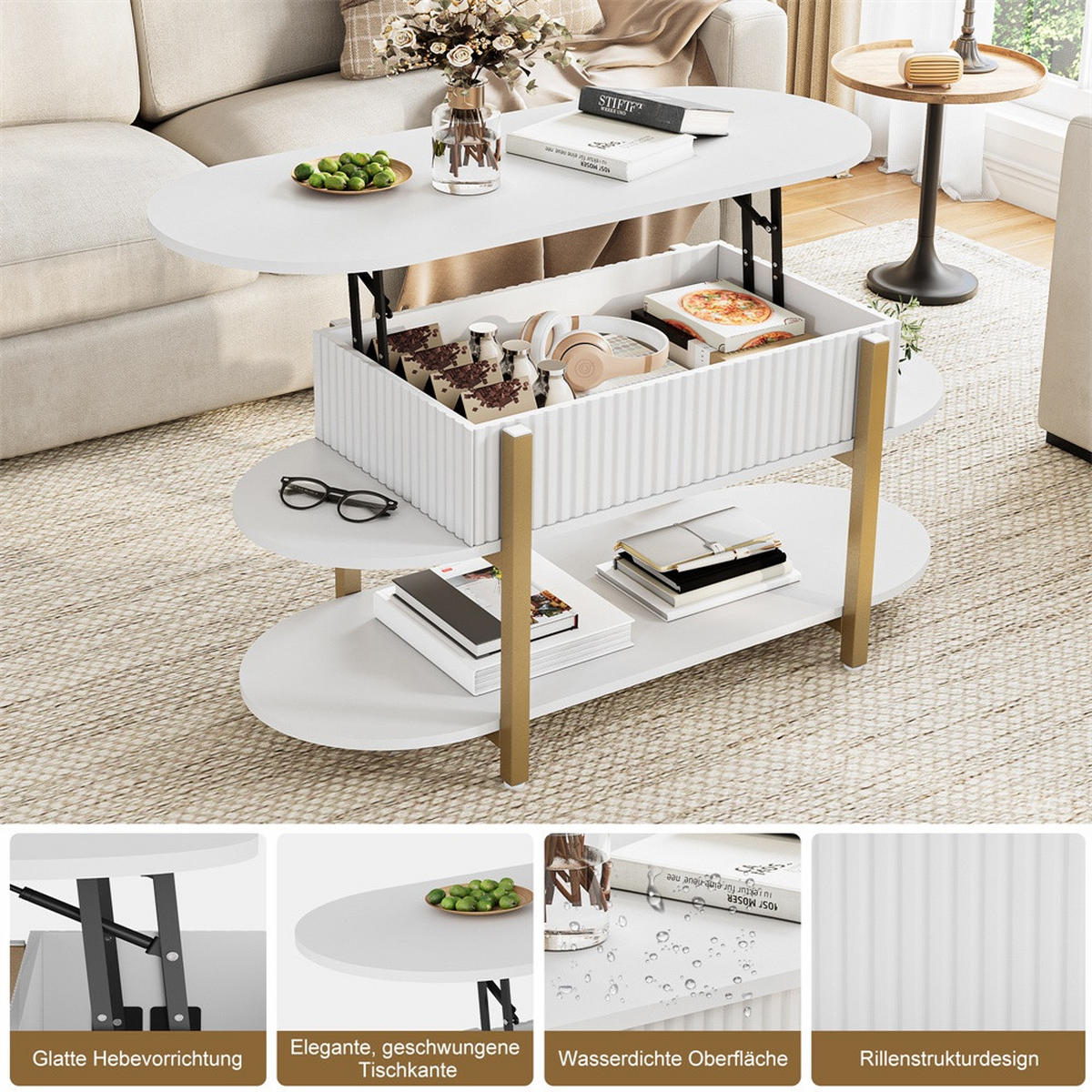 COUCHTISCH - Höhenverstellbarer Couchtisch - Ovaler Lift-Top Tisch mit Stauraum und Goldbeinen - Weiß - Weiß, Holzwerkstoff (45/106/50cm) - DELFA