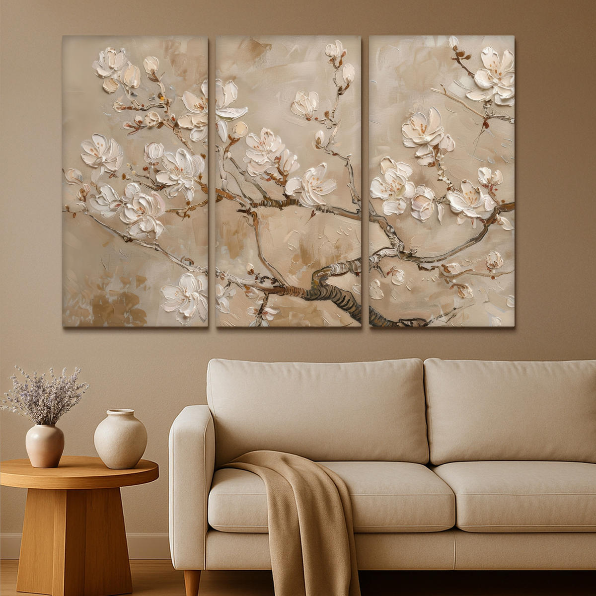 LEINWANDBILD 3er Set Beige - Blüte - Modern 180x120 cm - Greige, Textil (180/120cm) - MuchoWow