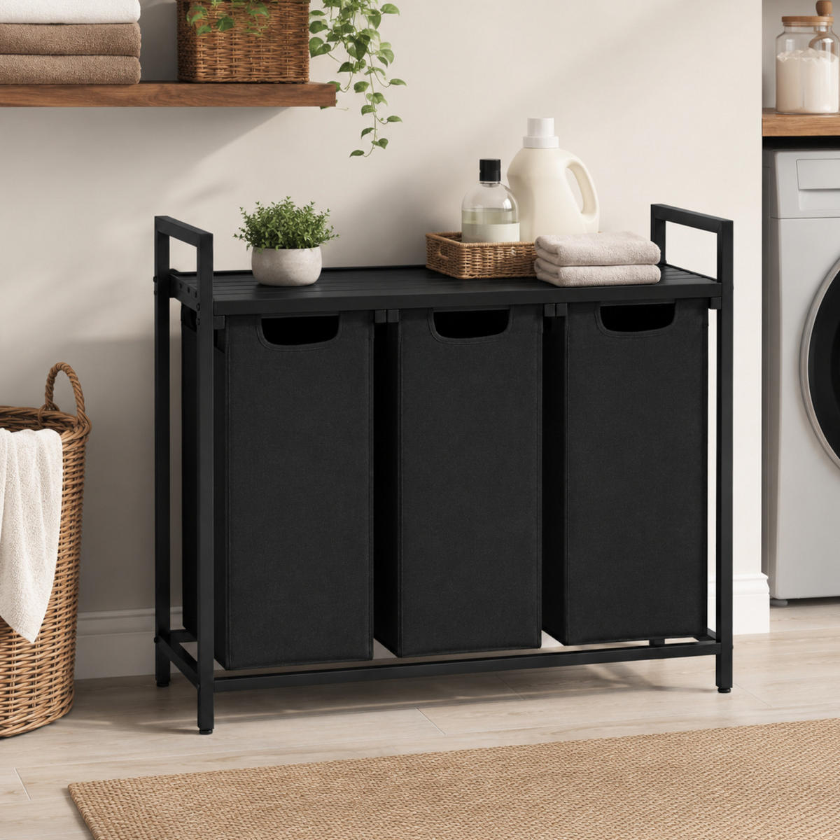 WÄSCHEKORB Metall Stoff MDF Schwarz 3 Wäschesäcke 114l 92,5x33x71 cm - Schwarz, Holzwerkstoff/Textil (92.5/71/33cm) - Begryf