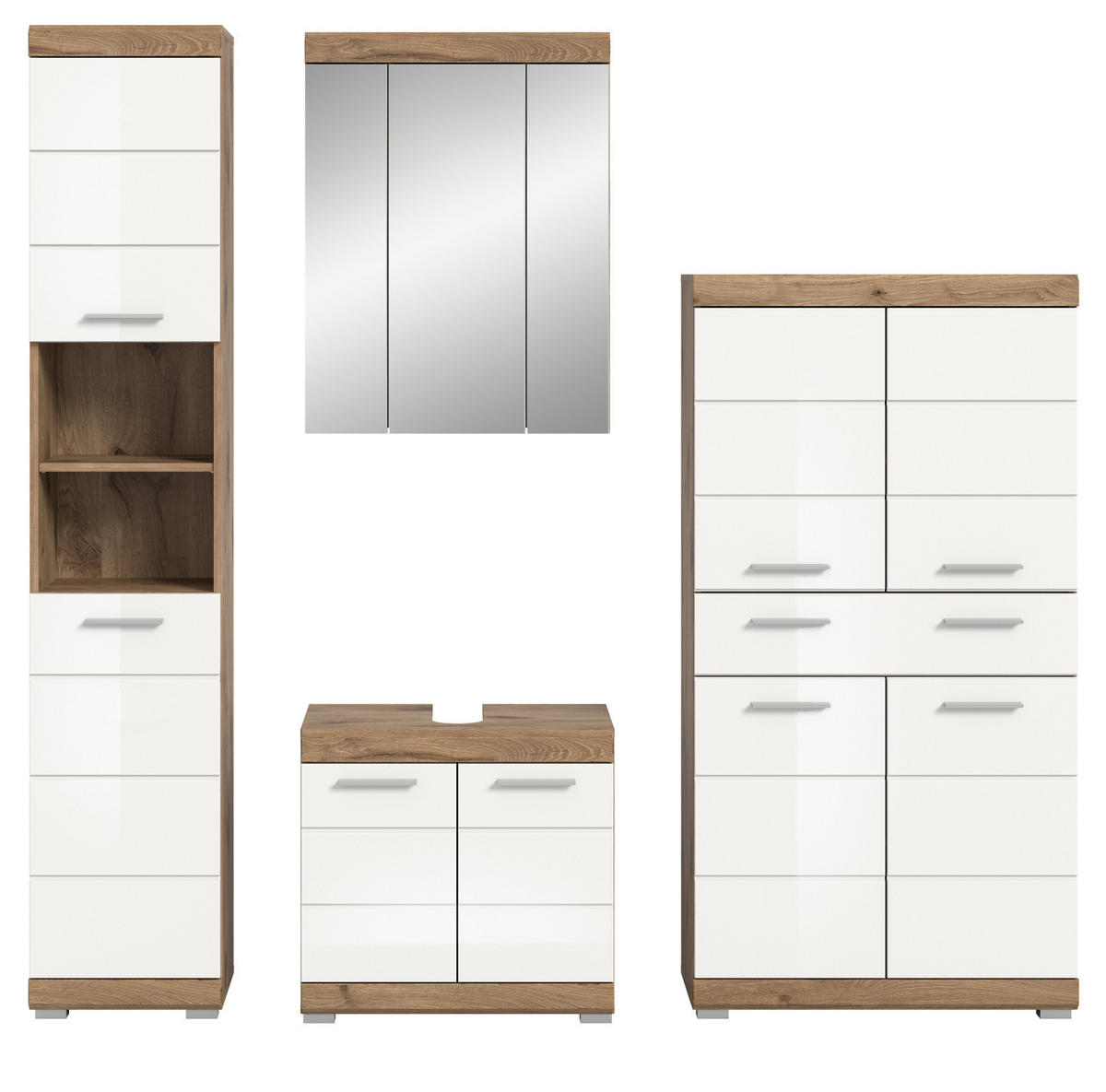 BADMÖBEL-SET weiß Hochglanz, Eiche 4-teilig 200 cm mit viel Stauraum - Weiß Hochglanz/Eichefarben, Glas/Holzwerkstoff (200/191/34cm) - Inn.Furn