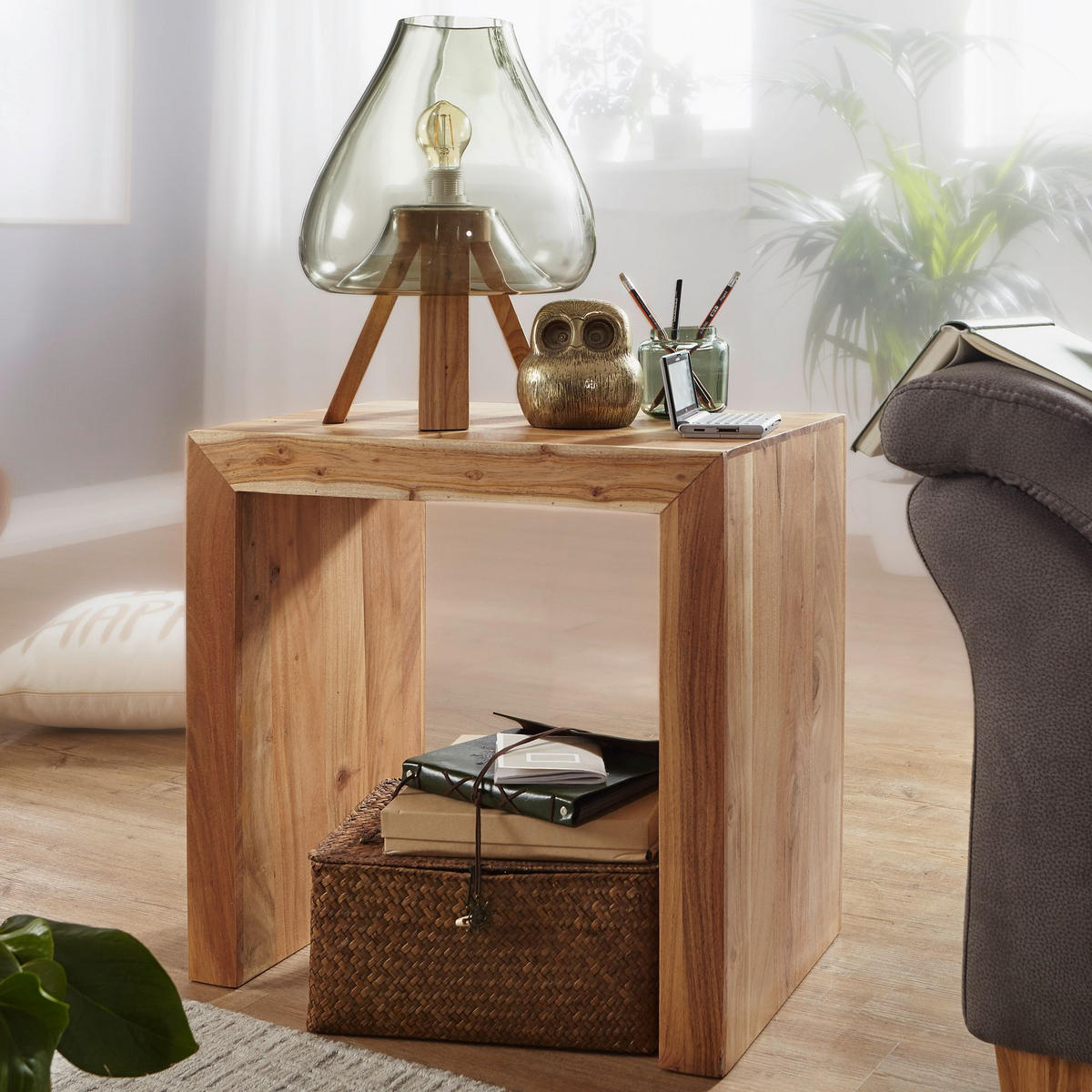 BEISTELLTISCH Massivholz Handgefertigt Zeitlos NAKO, Beige 60x35x60 cm - Beige, Holz (35/60/60cm) - KADIMA DESIGN