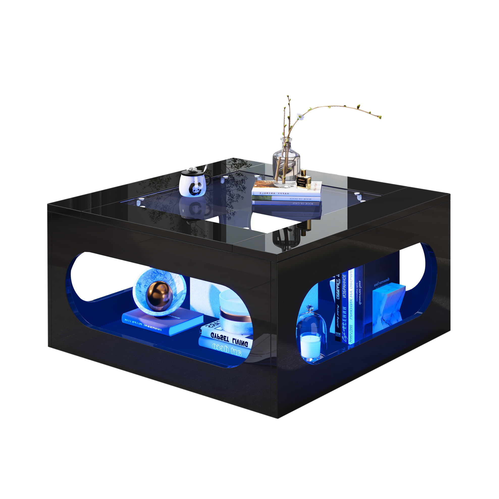 COUCHTISCH 70/70/35 cm schwarz aus MDF mit Glasplatte und LED-Beleuchtung - Schwarz, Holzwerkstoff (70/70/35cm) - OKMYHOME