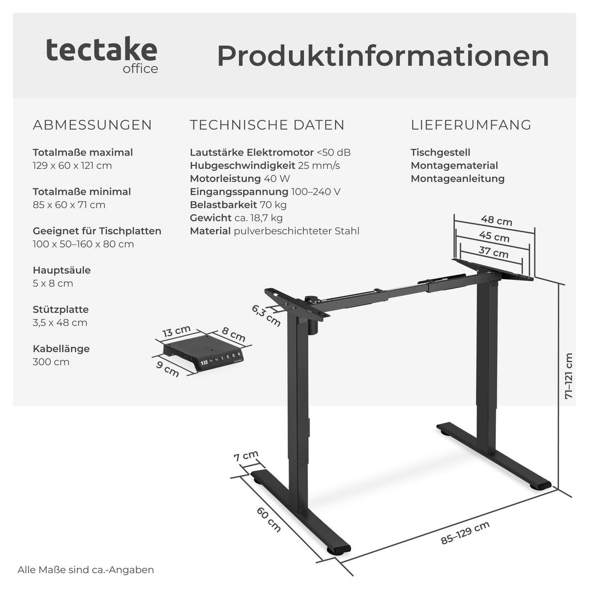 TISCHGESTELL Piotr, 85 - 129 x 65 x 71 - 121 cm, schwarz - Schwarz, Metall (129/65/121cm) - tectake