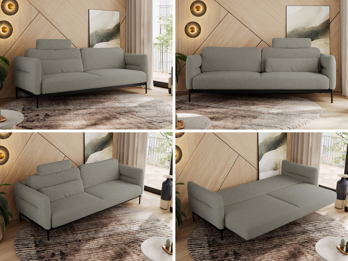 SOFA SALENTO Hellgrau Boucle - Hellgrau/Schwarz, Textil/Metall (221/82/101cm) - MKS