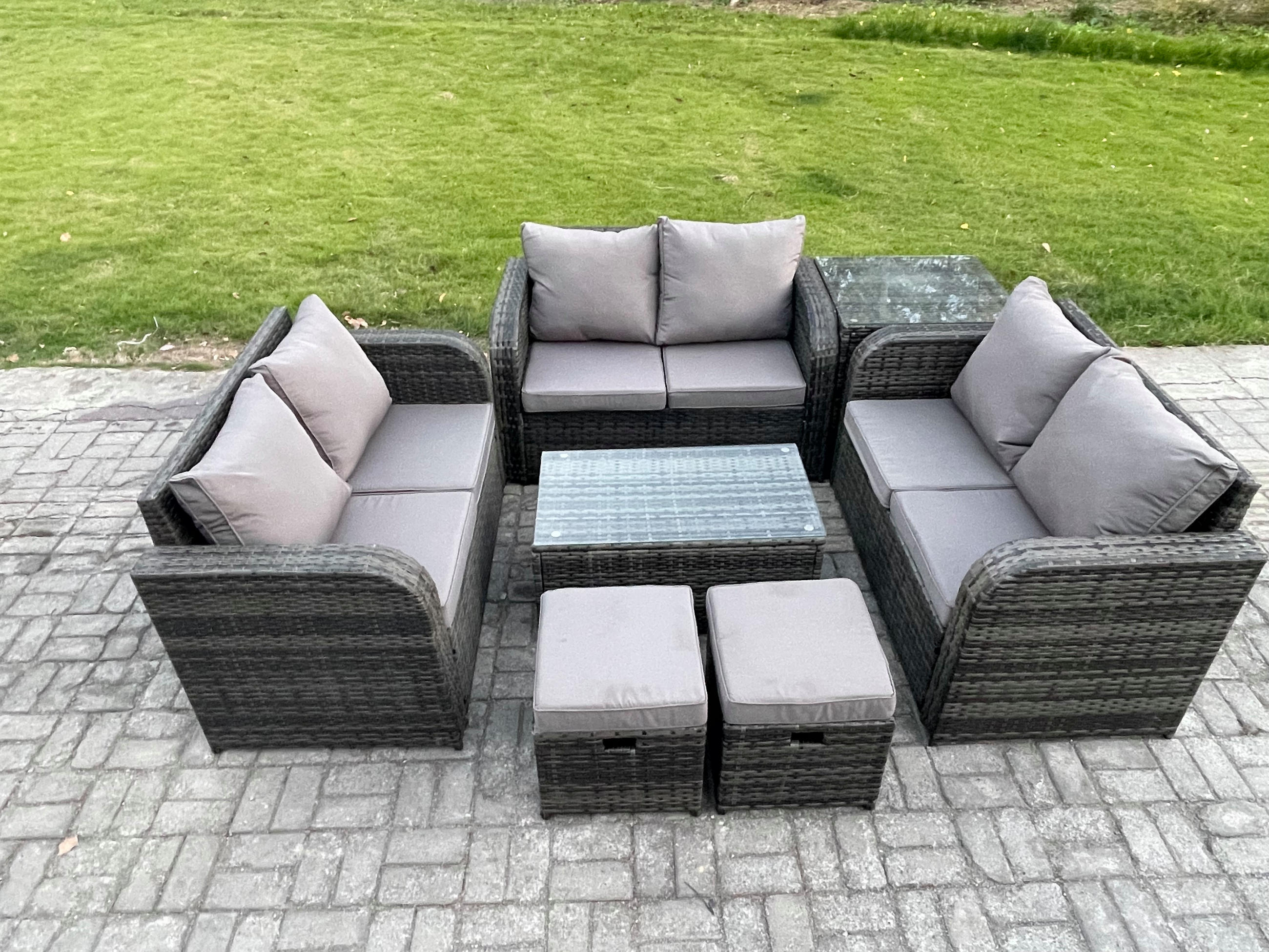 GARTENMÖBELGARNITUR mit KISSEN Polyrattan Dunkelgrau 8-Sitzer - Dunkelgrau/Grau, Glas/Kunststoff - Fimous