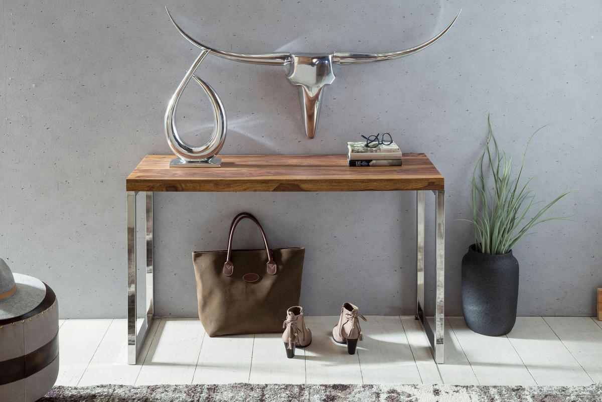 KONSOLENTISCH Massivholz Chromgestell Handgefertigt ISEN, Braun 120x45x77 cm - Silberfarben/Braun, Holz/Metall (45/120/77cm) - KADIMA DESIGN