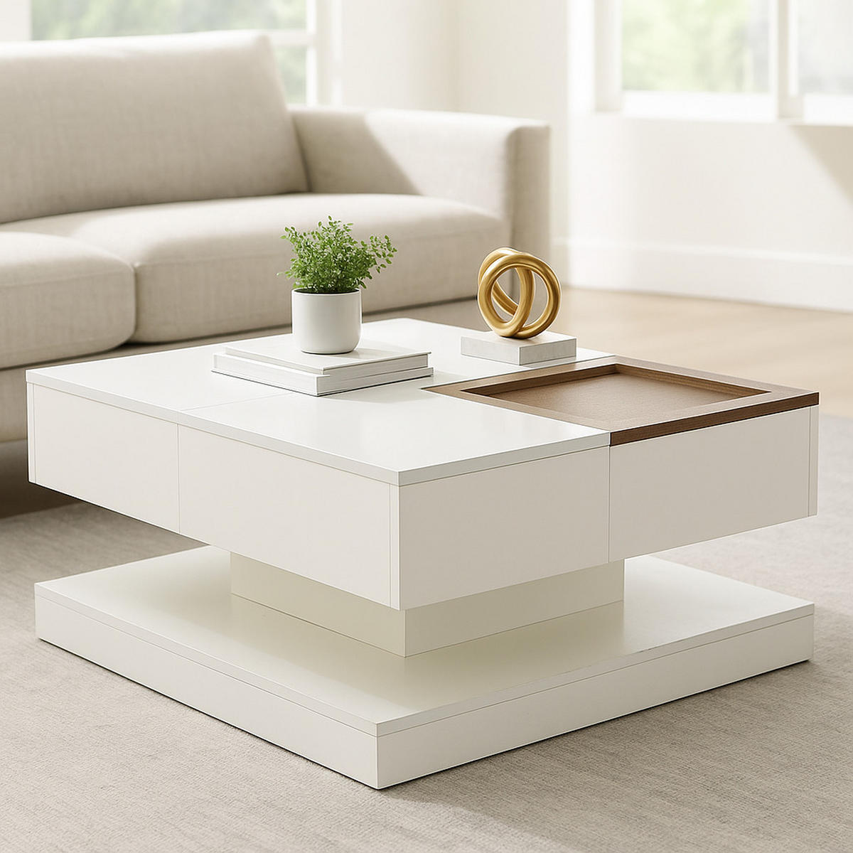 COUCHTISCH mit Hebefunktion und 2 Schubladen Hochglanz-Effekt - Weiß, Holzwerkstoff/Metall (75.5/75.5/38cm) - Urban Meuble