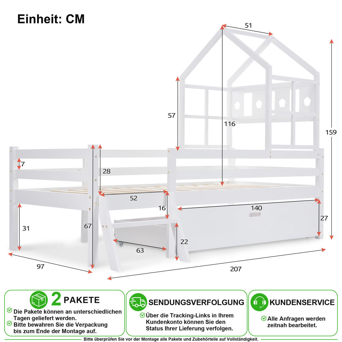 HOCHBETT 90/200 cm in Weiß mit Schublade, Leiter und Rausfallschutz Kiefer Massivholz - Weiß, Holz/Holzwerkstoff (90/200cm) - CHICFURN