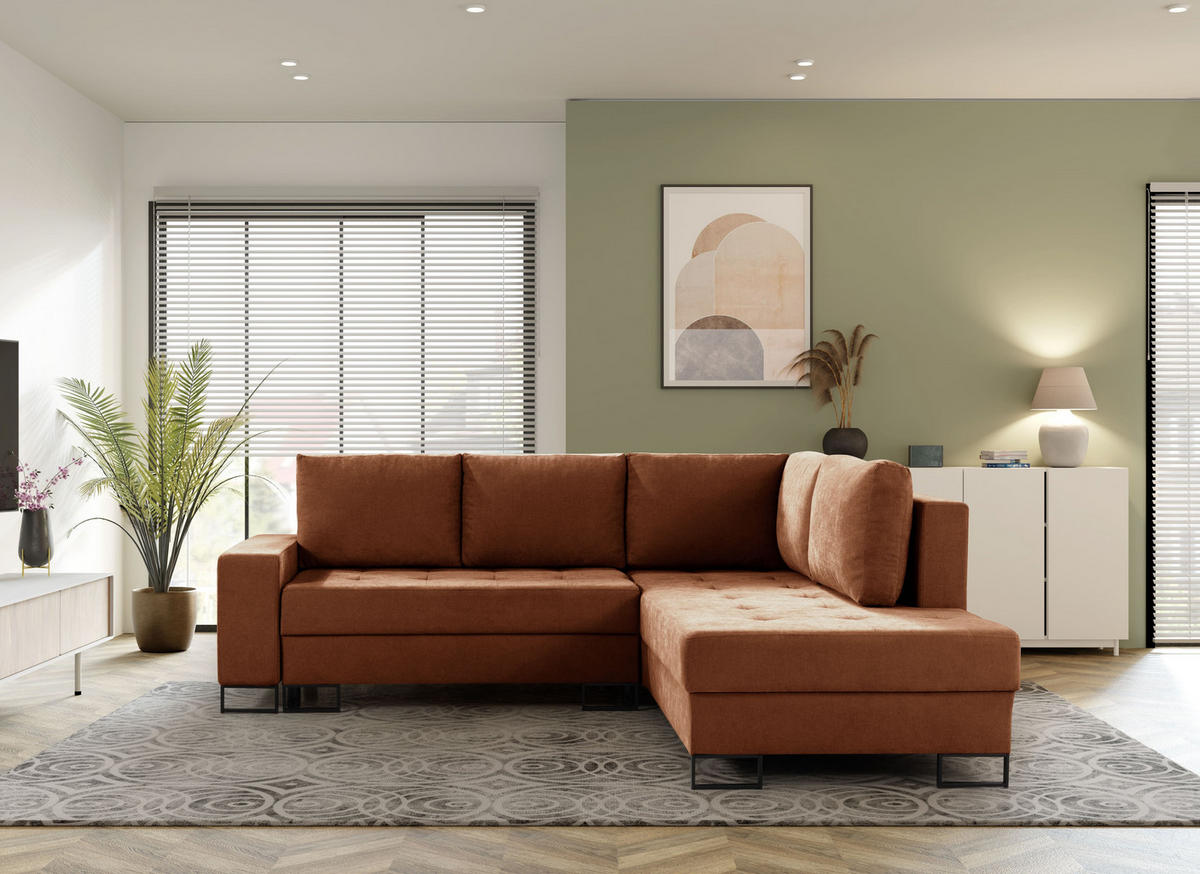 ECKSOFA mit Schlaffunktion Rechts Rostrot Chenille - 245x200 cm - Trevi - Terracotta/Schwarz, Holz/Holzwerkstoff (245/200cm) - Ravio