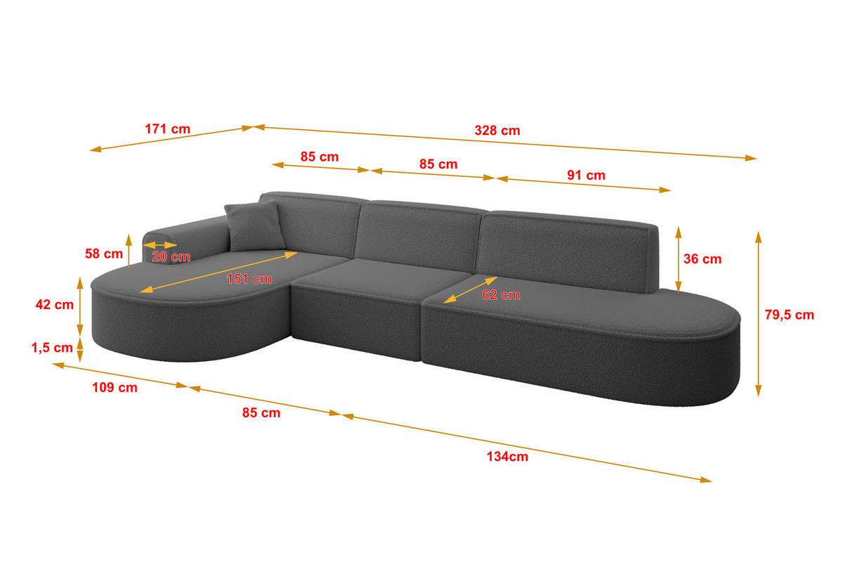 ECKSOFA Ottomane Links MARI-L2 - 328x171x79 cm Grau Bouclé - Schwarz/Grau, Holzwerkstoff/Kunststoff (165/321cm) - ALTDECOR