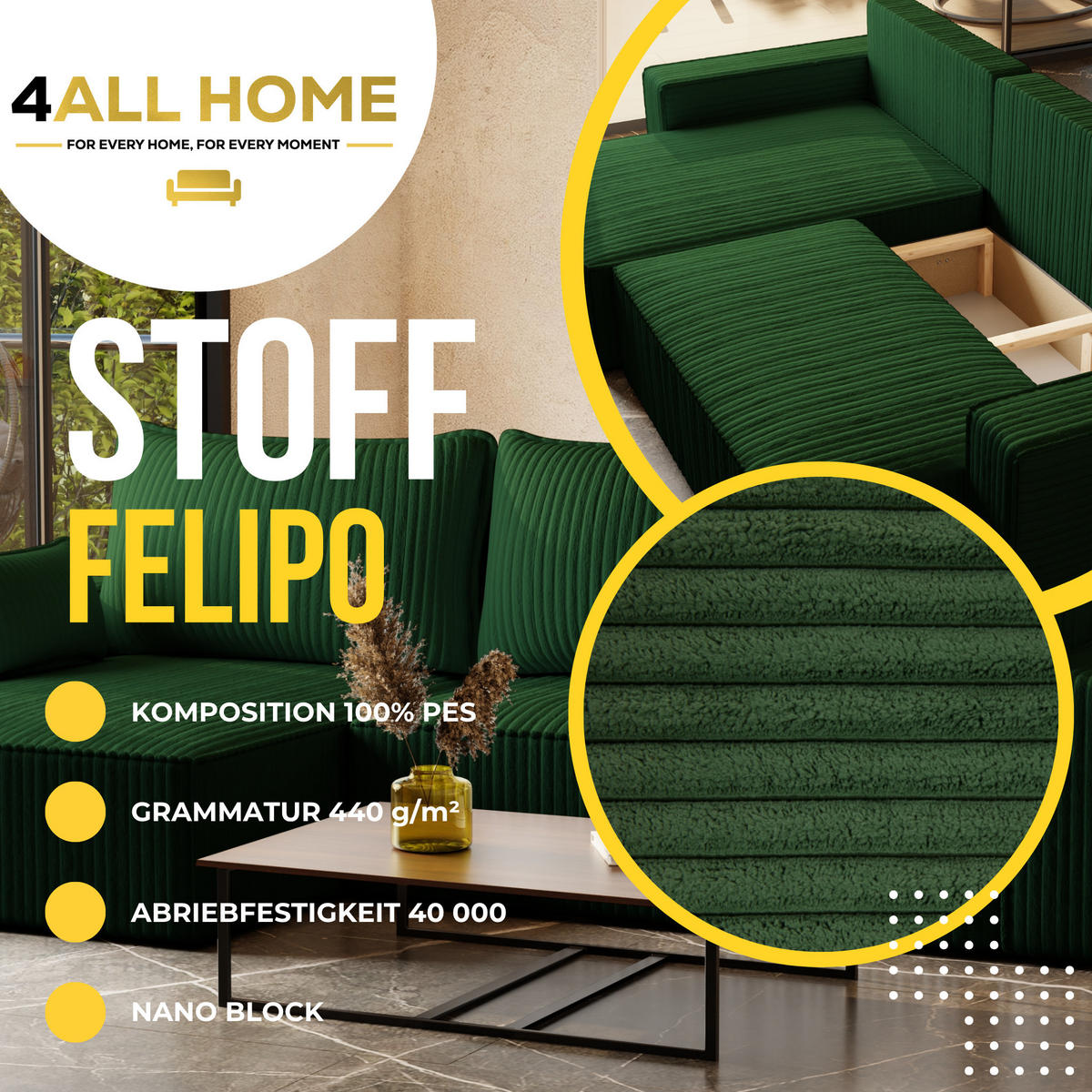 ECKSOFA Tobi mit Bettkasten und Schlaffunktion, L-Form/XL-Form, Cordstoff, Universal - Waldgrün, Holzwerkstoff (276/145cm) - 4ALL HOME