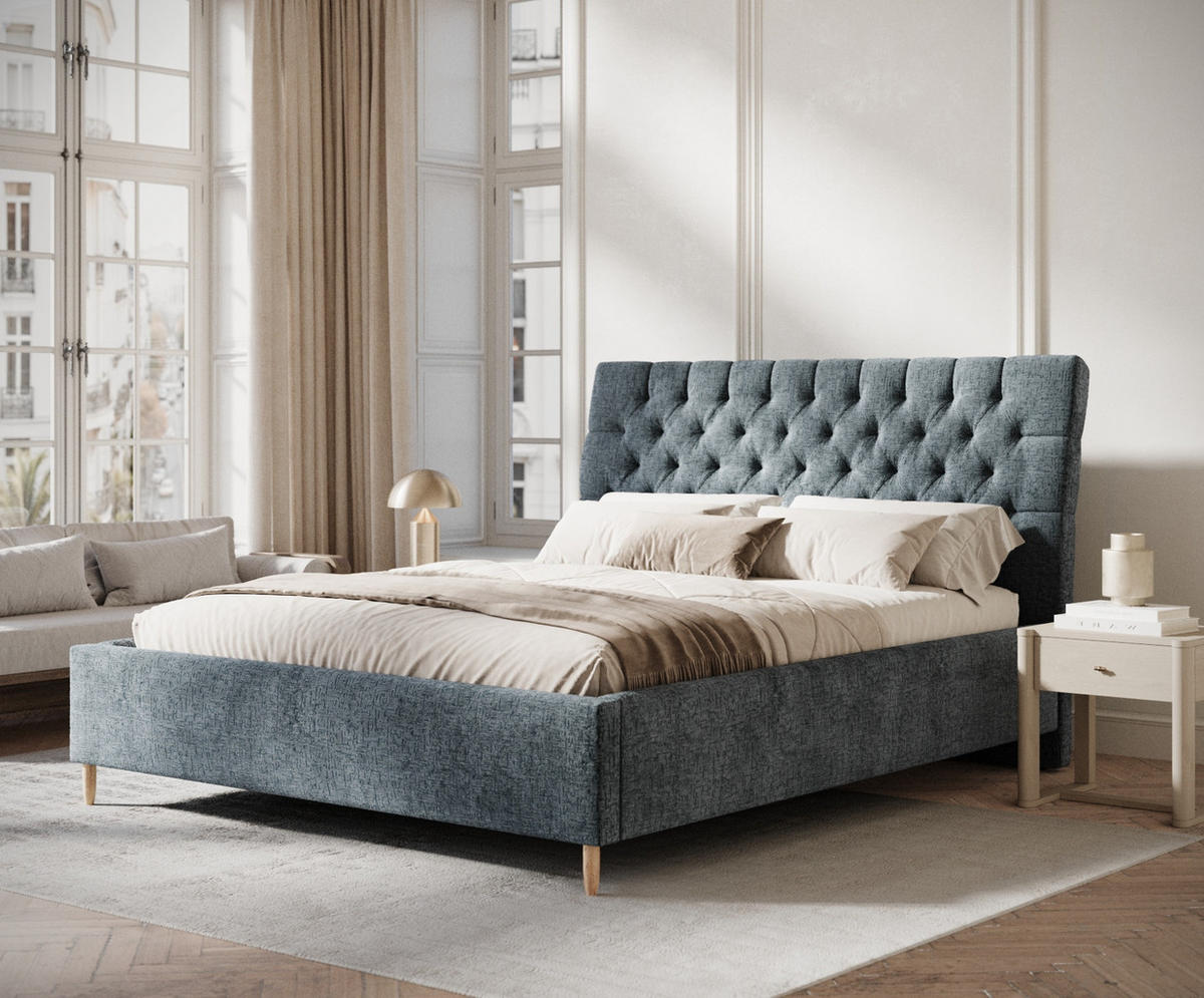 POLSTERBETT Vezzola Blau Grau 180/200 cm im Chenille-Stoff - Blaugrau/Naturfarben, Holz/Holzwerkstoff (180/200cm) - Maison de Reve