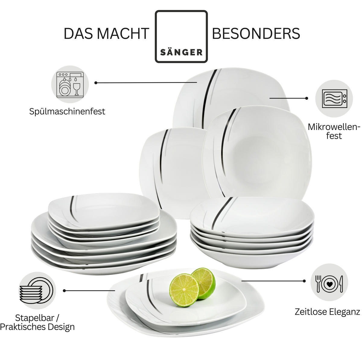 SÄNGER Porzellan Geschirrset Bilgola Black Lines,Tafelservice 36 teilig für 12 Personen - Schwarz/Weiß, Keramik (25/30/25cm) - Sänger