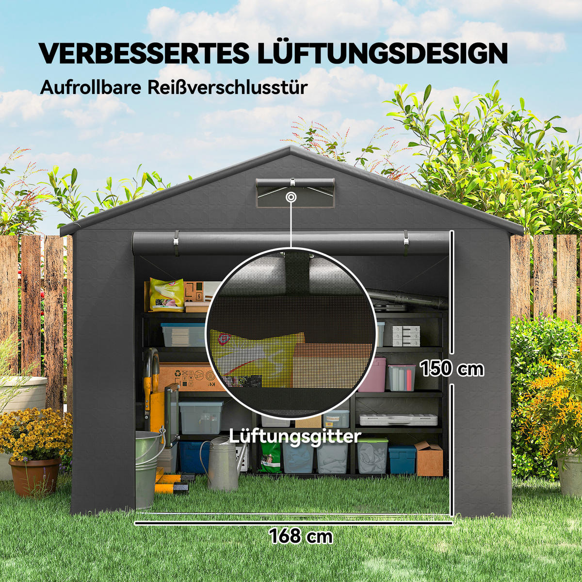ZELTGARAGE 2,5x1,8 m Wasserdicht Garagenzelt mit aufrollbarer Reißverschlusstür - Dunkelgrau, Metall (180/202/247cm) - Outsunny