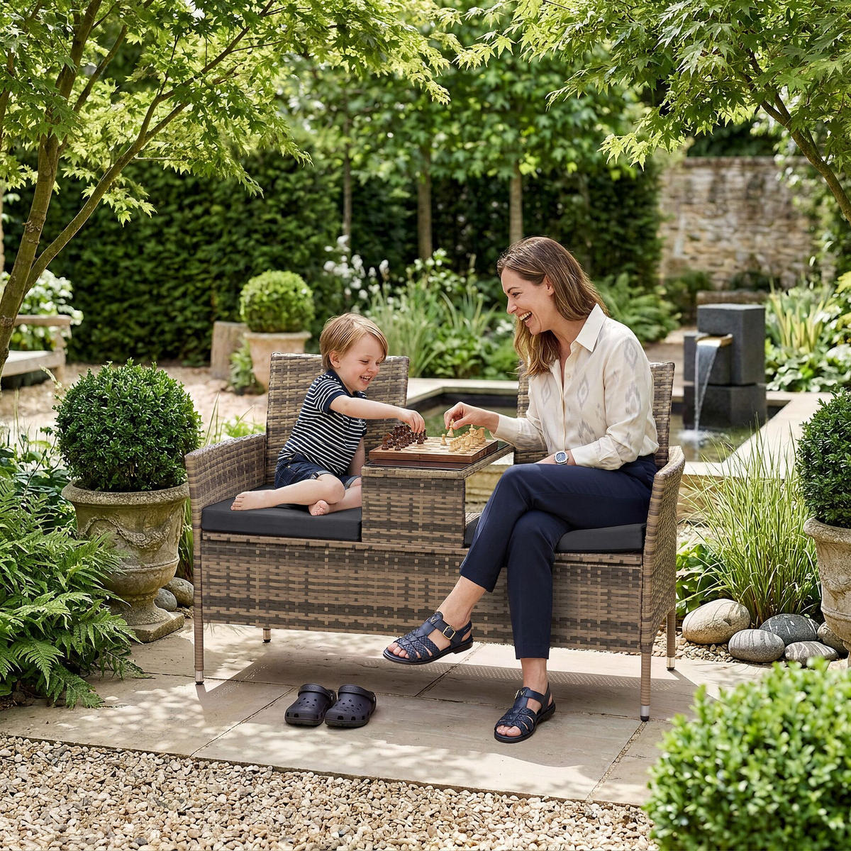 RATTAN GARTENSITZBANK Narbonne, 6 cm Sitzpolster, natur/dunkelgrau - Naturfarben, Kunststoff (61/82/131cm) - tectake