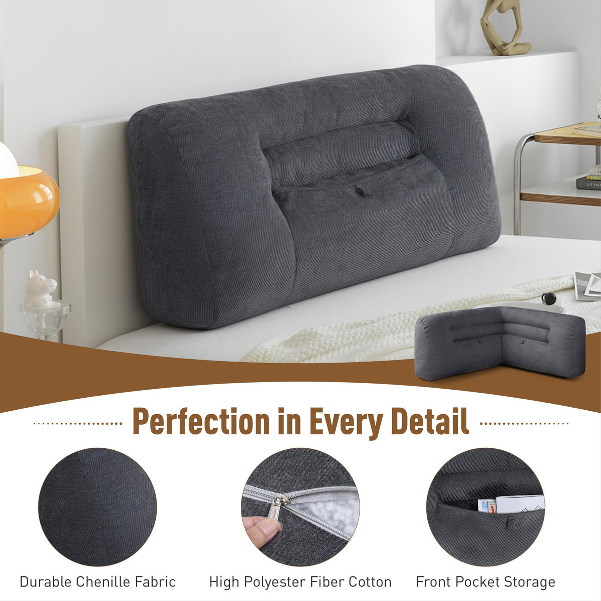 RÜCKENSTÜTZKISSEN für Sofa Bett Chenille 90cm Grau - Grau, Textil (90/22cm) - Vercart