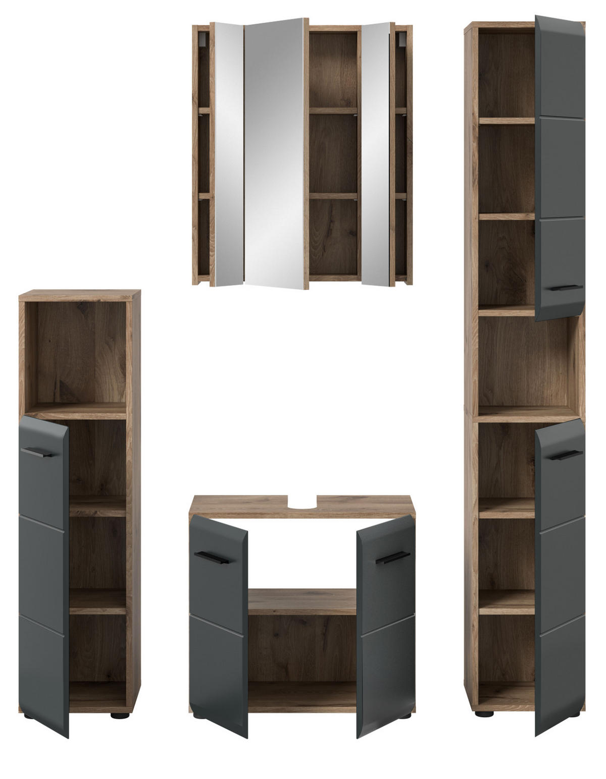 BADMÖBEL-SET Schwarz matt, Eiche Nox, Badezimmer 4-teilig 150 x 185 cm mit viel Stauraum - Eichefarben/Schwarz, Glas/Holzwerkstoff (150/185/30cm) - Inn.Furn