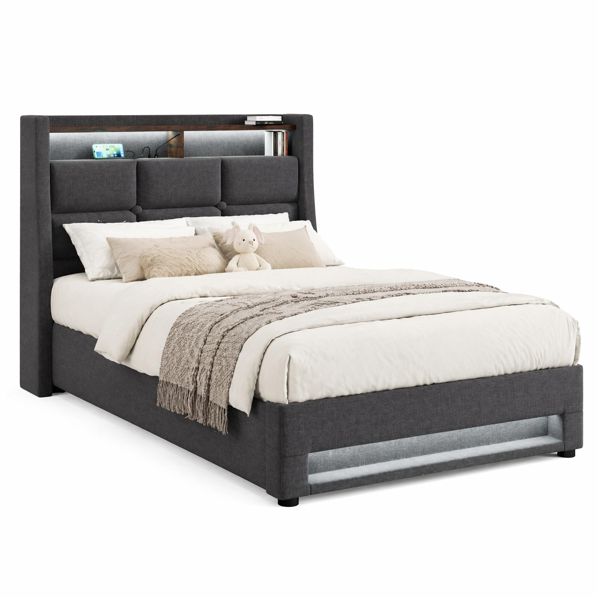 ČALOUNĚNÁ POSTEL 90/200 cm v šedé barvě s úložným prostorem, LED a USB - šedá, kov/kompozitní dřevo (90/200cm) - CHICFURN
