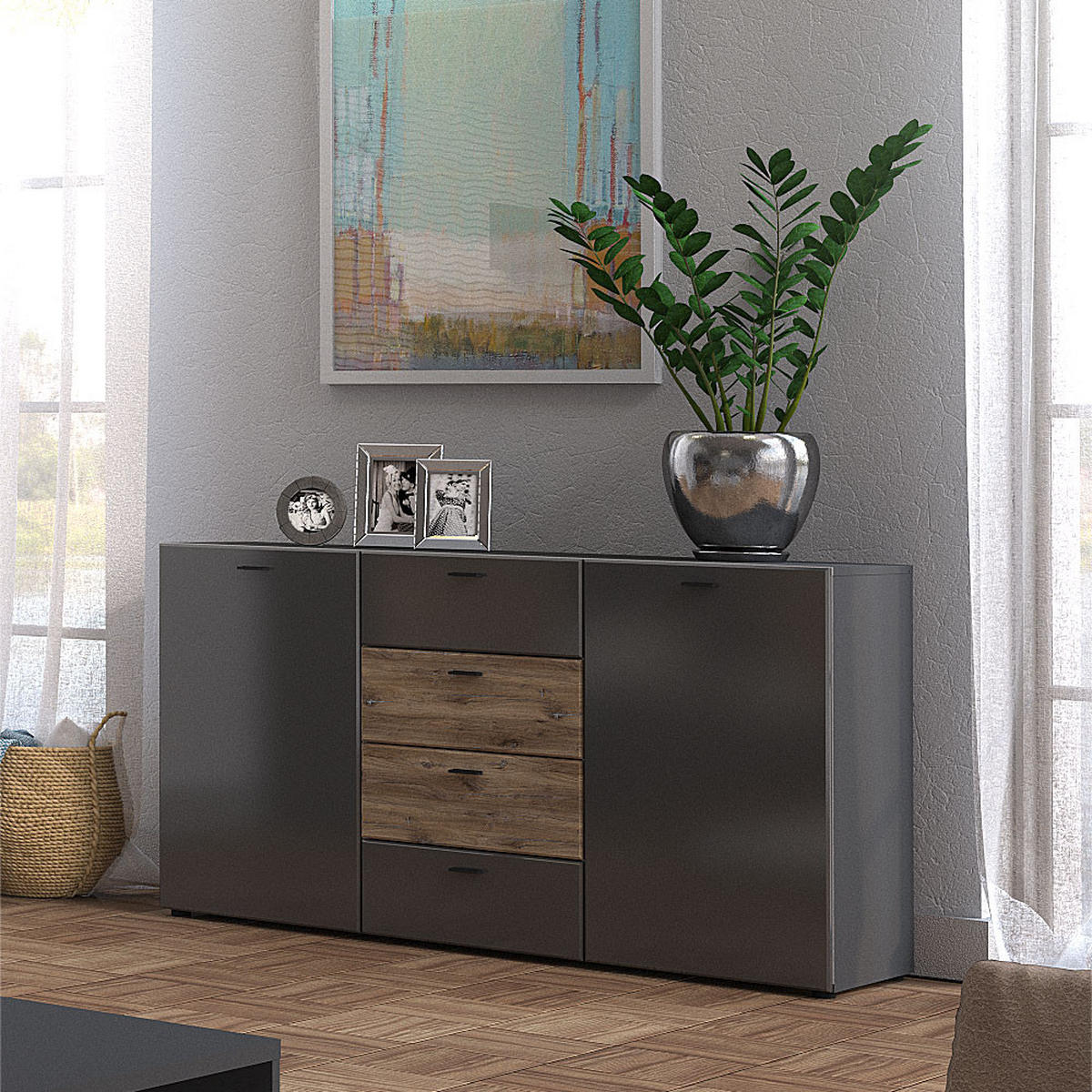 KOMMODE Oviedo graphit matt / Flagstaff Eiche 150 / 40 / 81cm - Graphitfarben/Braun, Holz/Holzwerkstoff (150/81/40cm) - Feldmann-Wohnen