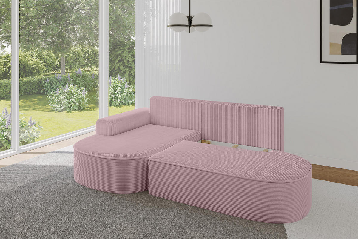 ECKSOFA mit Schlaffunktion und Bettkasten Ottomane Links MARI-L1-S - 283x167x73 cm Rosa Cord - Schwarz/Rosa, Holzwerkstoff/Kunststoff (283/167cm) - ALTDECOR