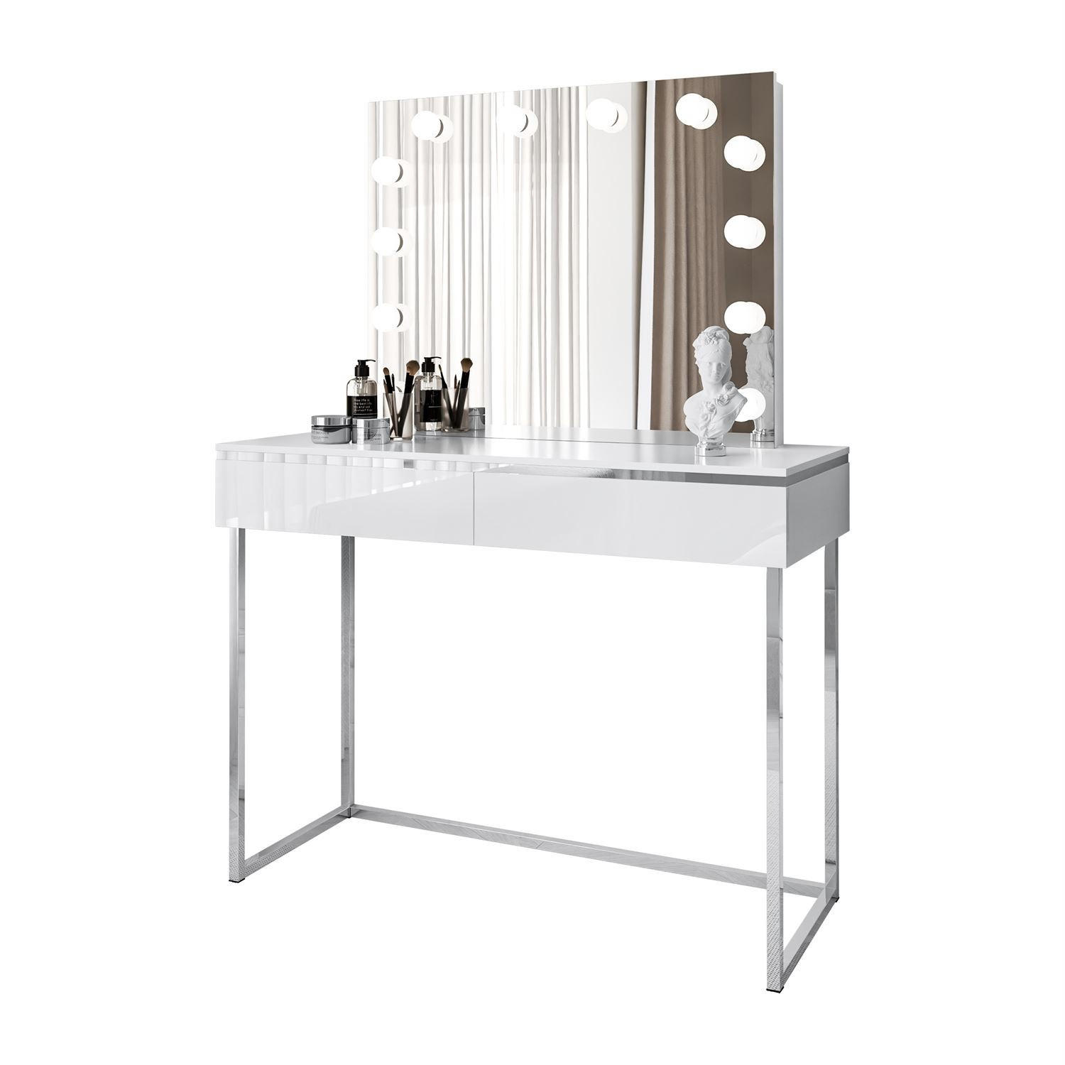 SCHMINKTISCH AURORA SILVER ELITE mit Spiegel Hochglanz Weiß - Weiß Hochglanz, Holzwerkstoff (102/78.5/43.6cm) - Lookway