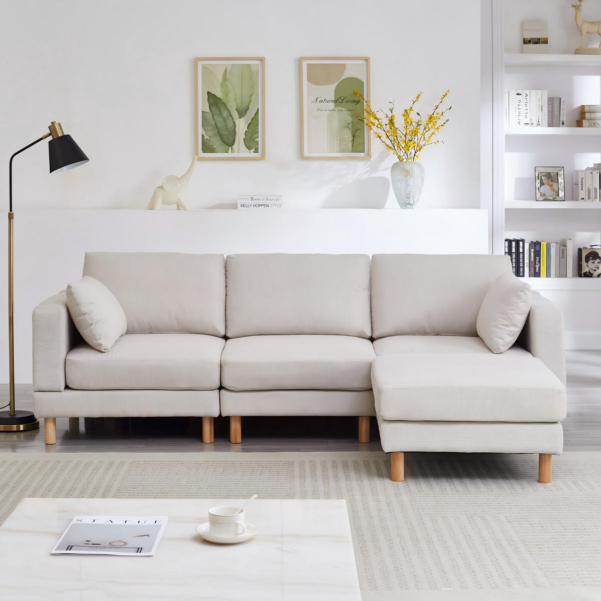 ECKSOFA Hocker Polyester 235x152cm Beige Taschenfederkern Holzfüße - Beige, Textil (152/235cm) - Raelunyi