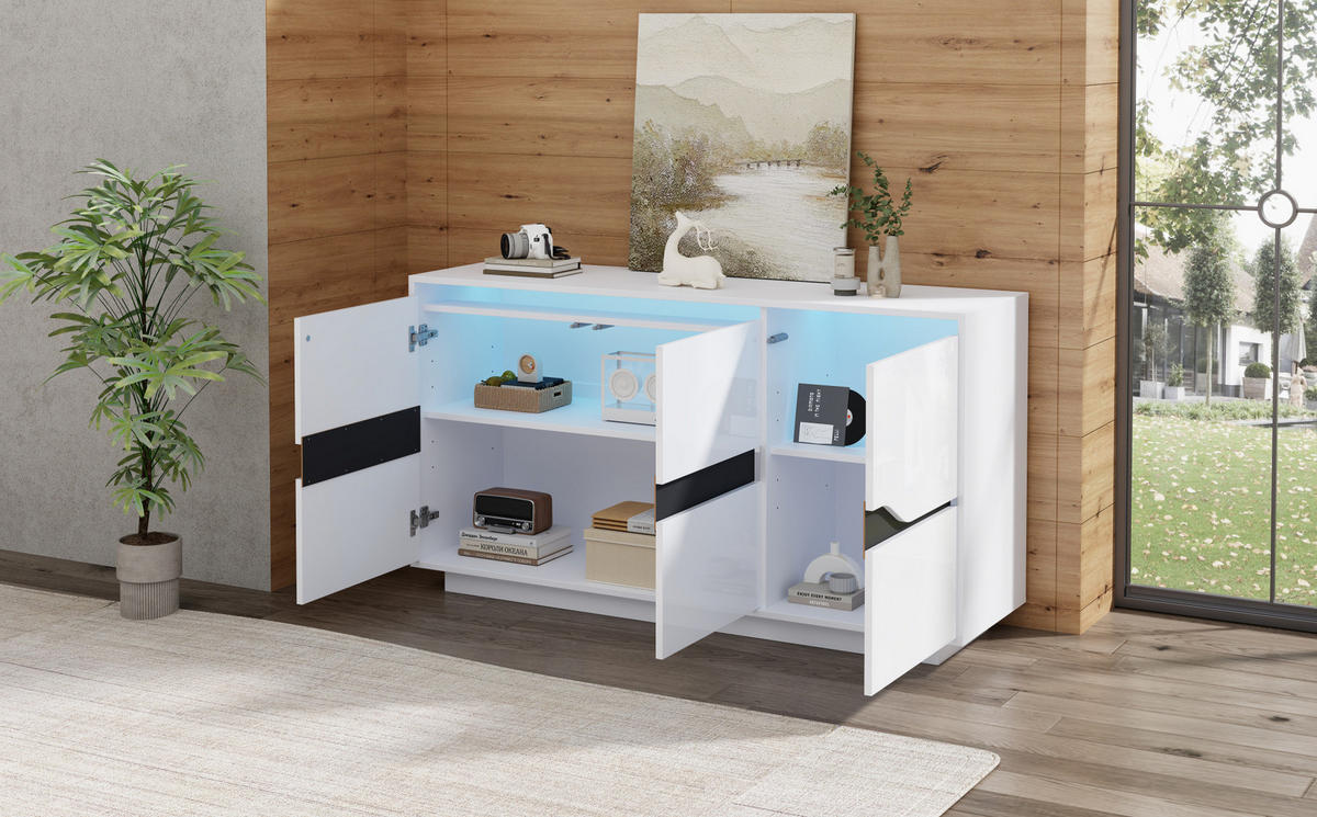 SIDEBOARD 140/40/70 cm mit 3 Türen, LED und Hochglanzfront in Weiß/Schwarz - Weiß, Holzwerkstoff (140/70/40cm) - BEAOK