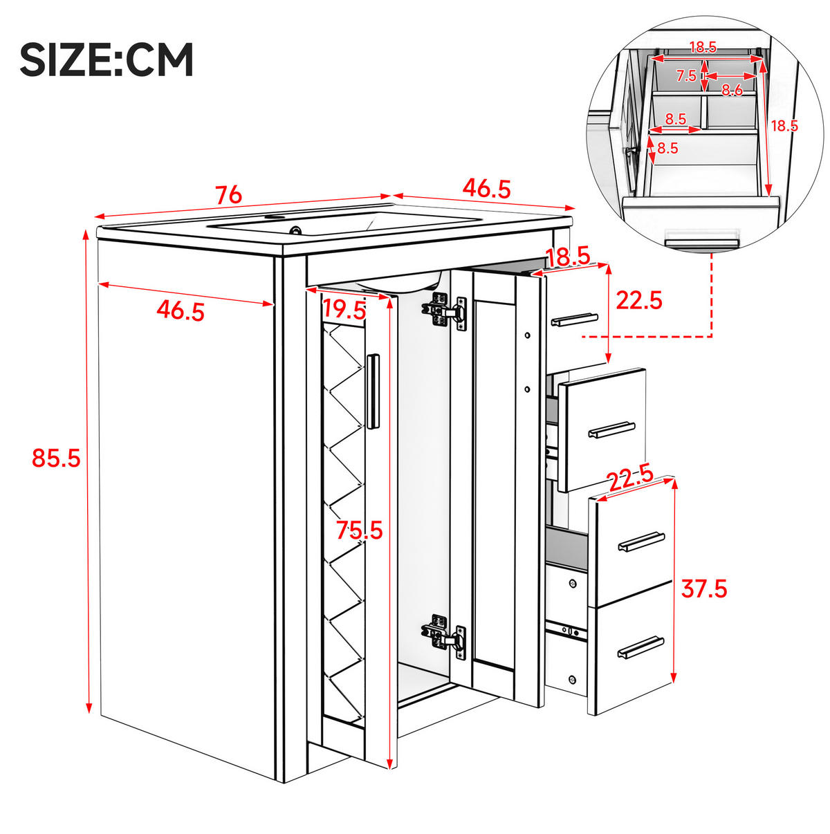 WASCHTISCHKOMBI 76/46,5/85,5 cm schwarz aus MDF und Keramik mit 3 Schubladen - Schwarz, Keramik (76/85.5/46.5cm) - OKWISH