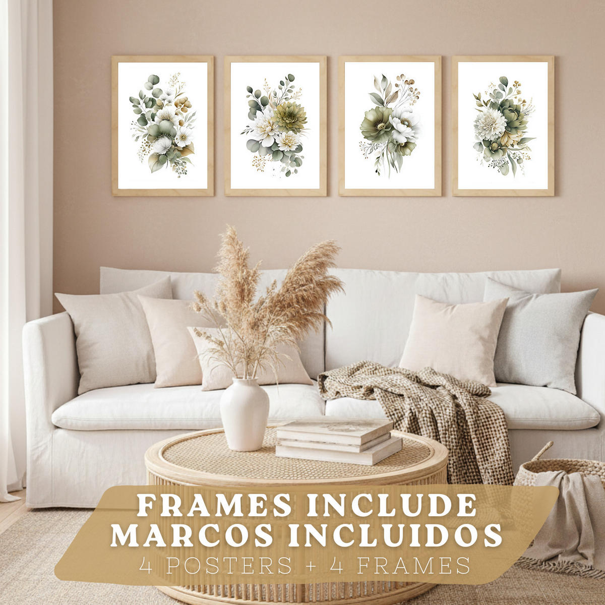 PLAKAT Sada 4 boho botanických uměleckých tisků. Akvarelové květinové nástěnné umění. Velikost Světlý dřevěný rám A3 - béžová, papír (29.7/42/3cm) - Nacnic
