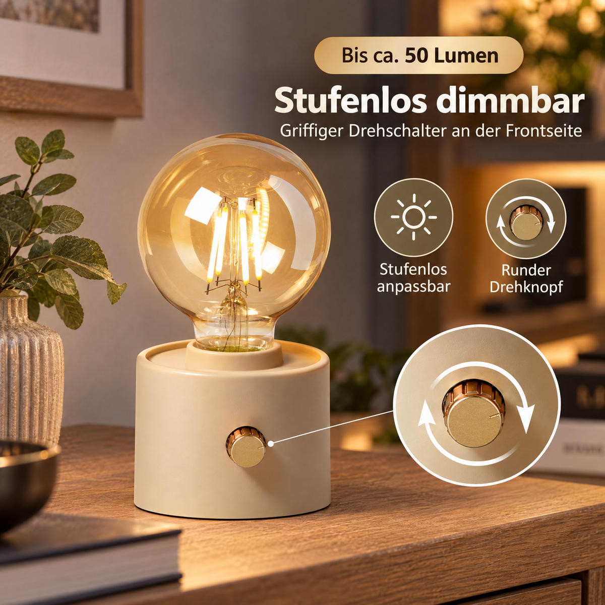 LED-AKKU-TISCHLEUCHTE Vintage dimmbar Drehschalter Edison-Birne USB-C Beige 50 lm - Beige, Kunststoff (10/8.7/16cm) - Northpoint