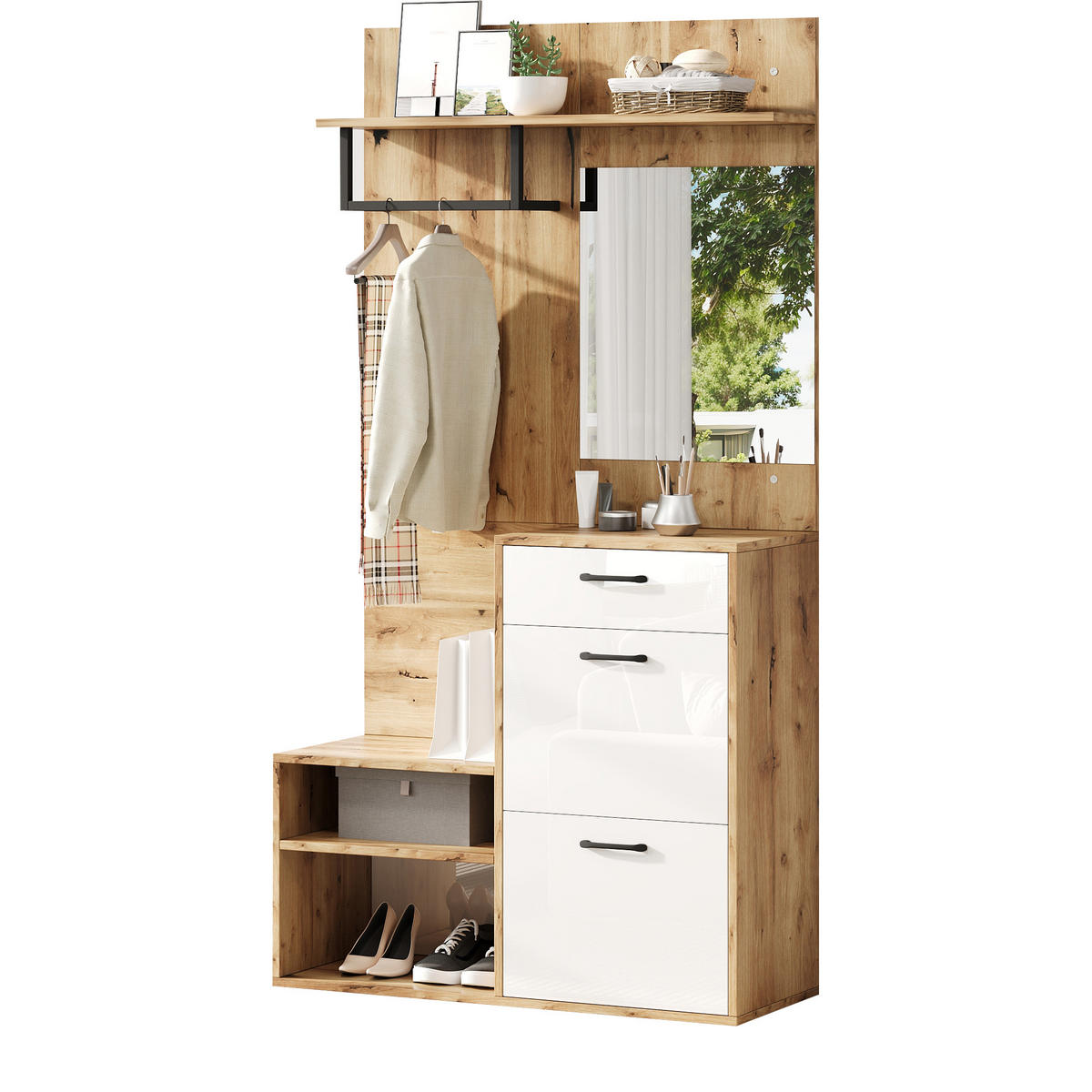 SCHUHSCHRANK aus Spanplatte 100x38,5x190cm in Natur mit Spiegel - Naturfarben, Holzwerkstoff (100/190/38.5cm) - Modfu