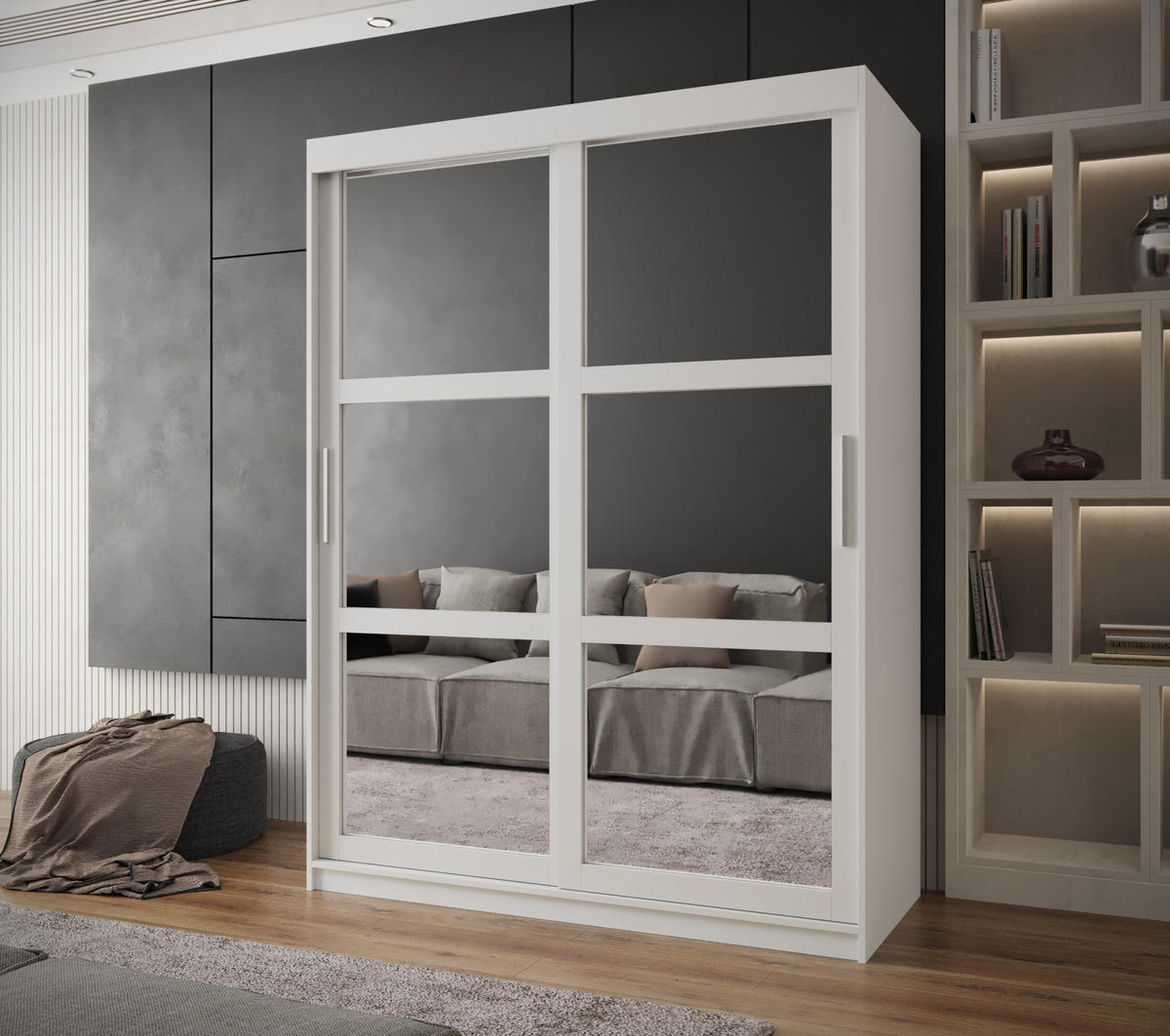 SCHWEBETÜRENSCHRANK 200/150/62 2-türig - Silberfarben/Weiß, Holz/Kunststoff (150/200/62cm) - MÖBEL KRYSPOL