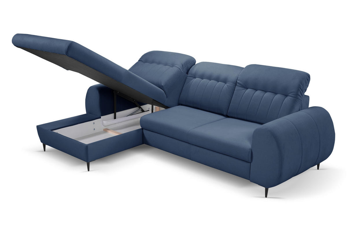 ECKSOFA PURO L-S Dunkelblau Plüsch-Stoff mit Schlaffunktion - Dunkelblau, Holz (275/166cm) - MASSENO