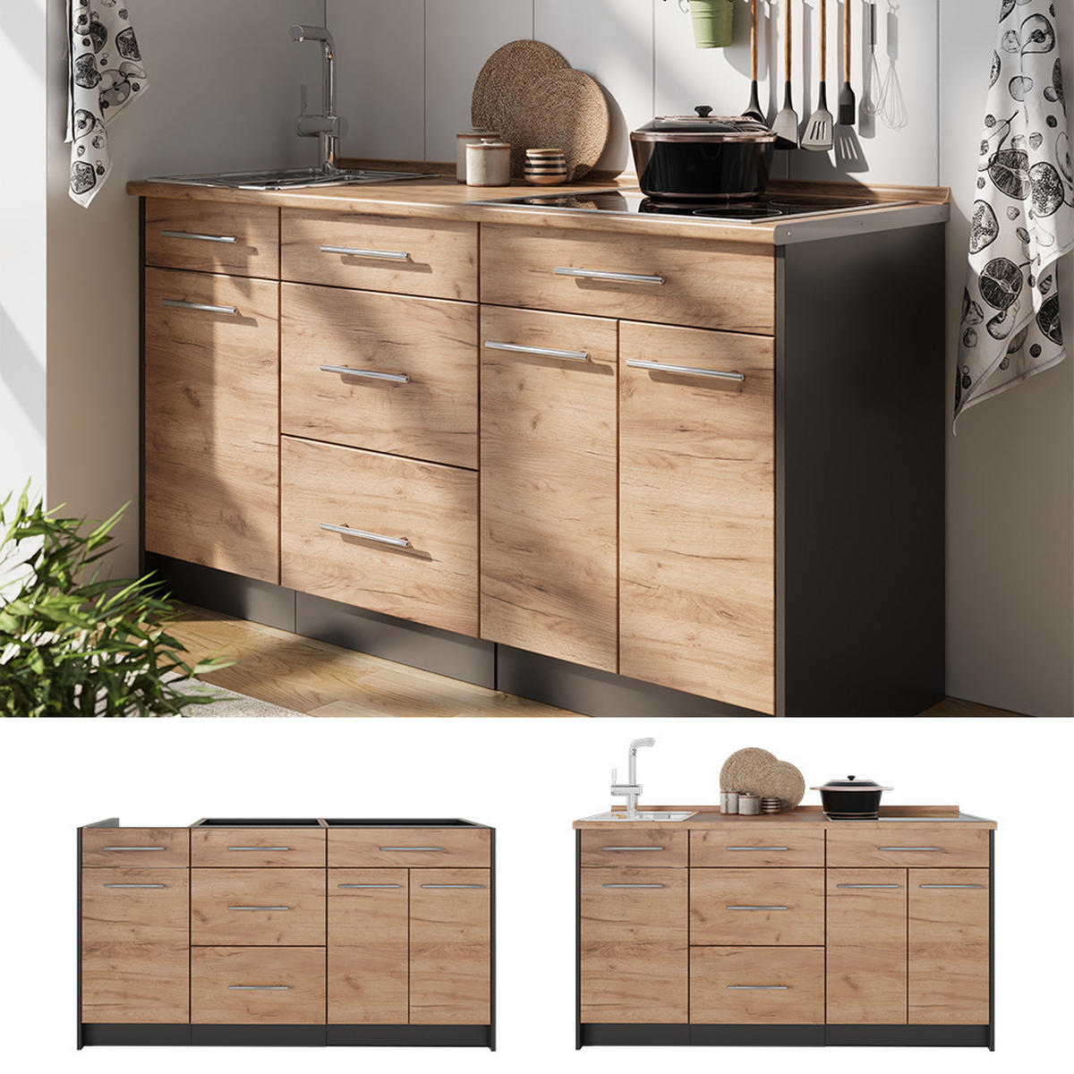KUCHYNSKÝ BLOK Fame-Line, Dub Goldkraft/antracitová, 150 cm, AP Antracit - dub medový/antracitová, kompozitné drevo (150/82/60cm) - Vicco