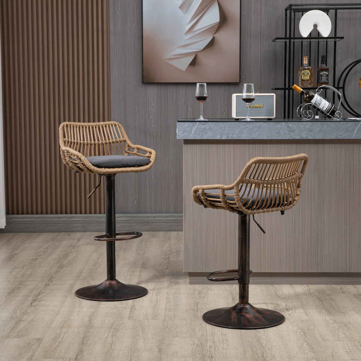 BARHOCKER 2er-Set drehbar mit Rattan und Höhenverstellung, Grau - Grau, Textil (49/89/48cm)