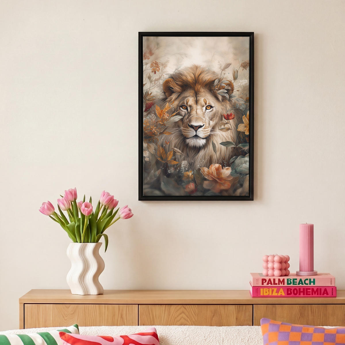 LEINWAND Bilder mit Rahmen - Löwe - Wildtiere - Pflanzen - Natur - Blumen - 20x30 - Beige, Textil (20/30cm) - MuchoWow
